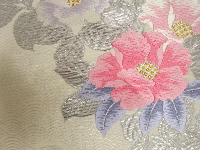  錦プラチナ箔　花模様織り出し　名古屋帯